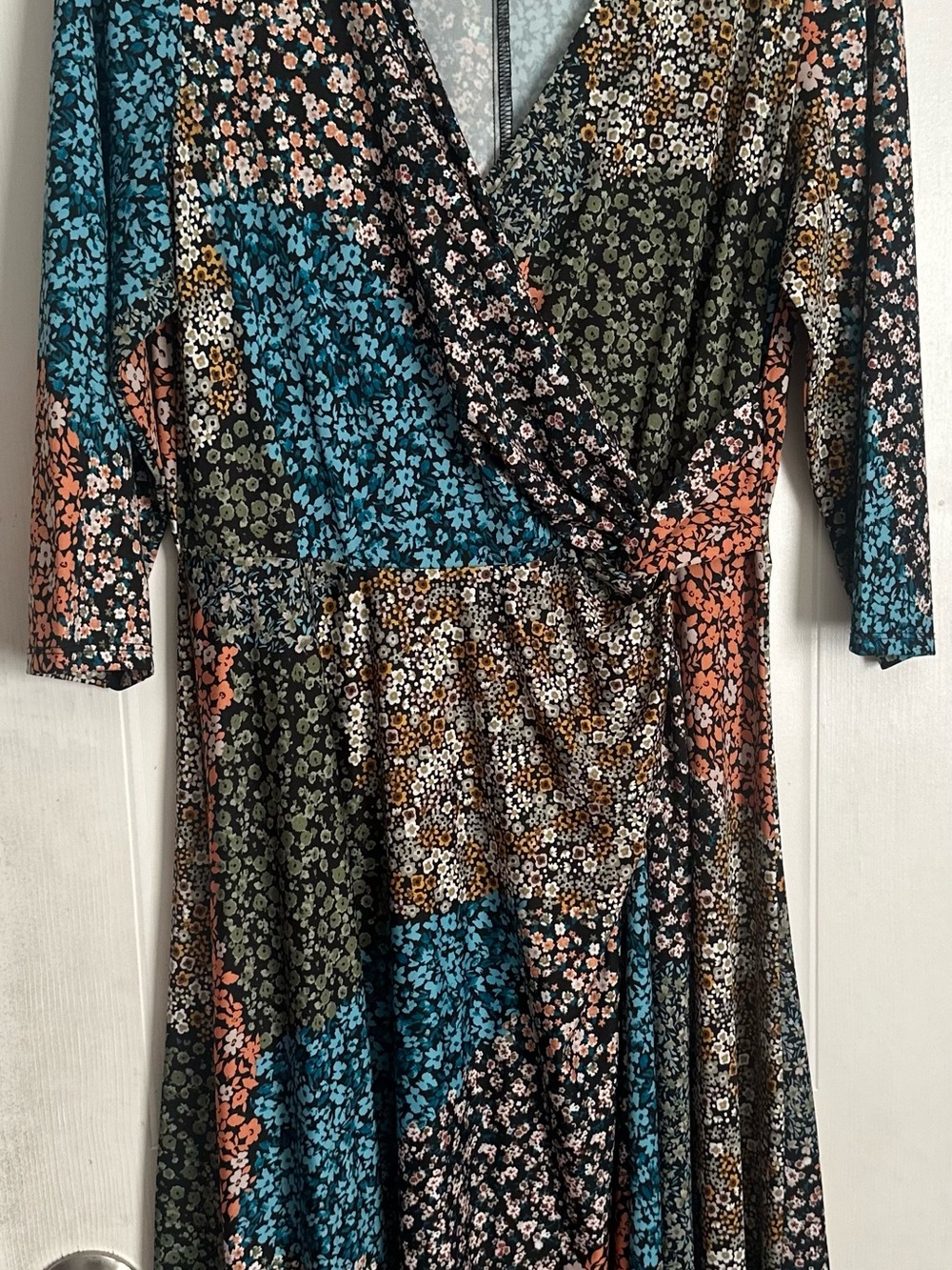 Perceptions Patchwork Floral Wrap Midi Dress - Teal, Coral, Olive, Black